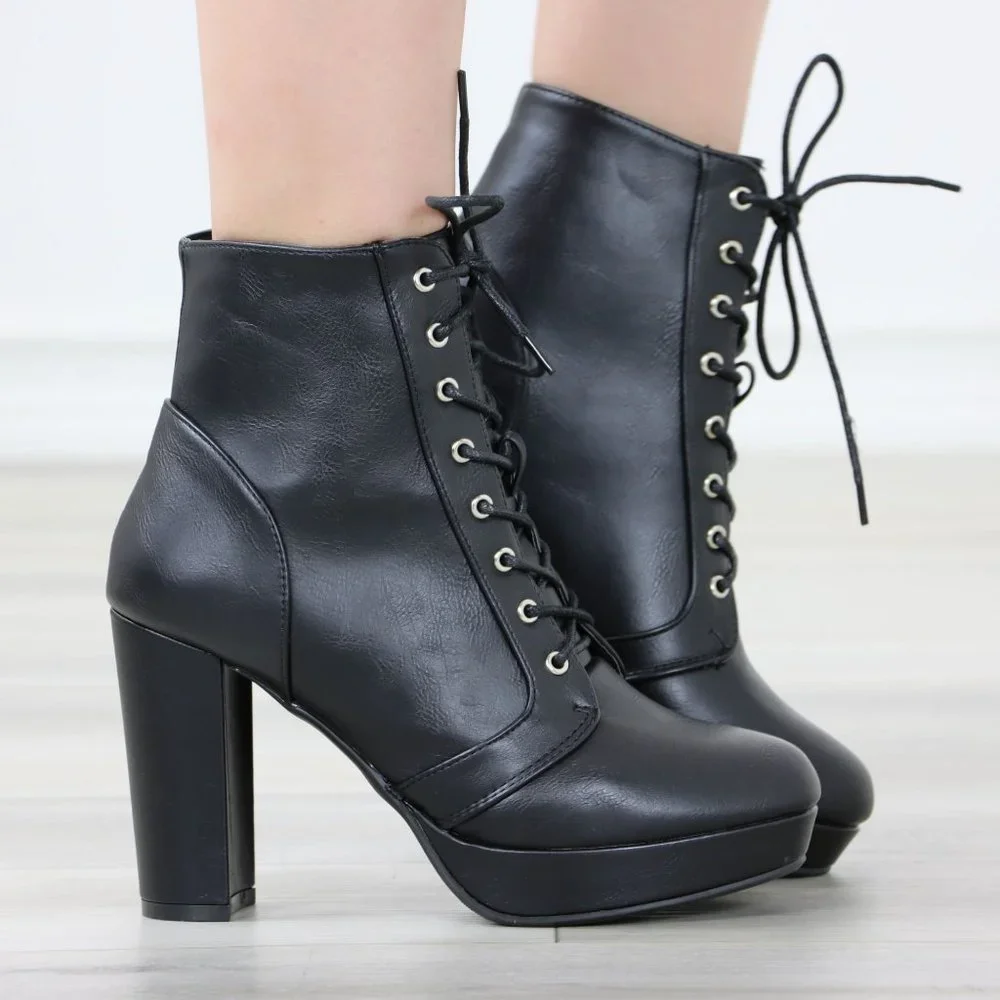 Black Ankle Boots Chunky Lug Block Heel Synthetic Leather Round Toe - Picture 3 of 12